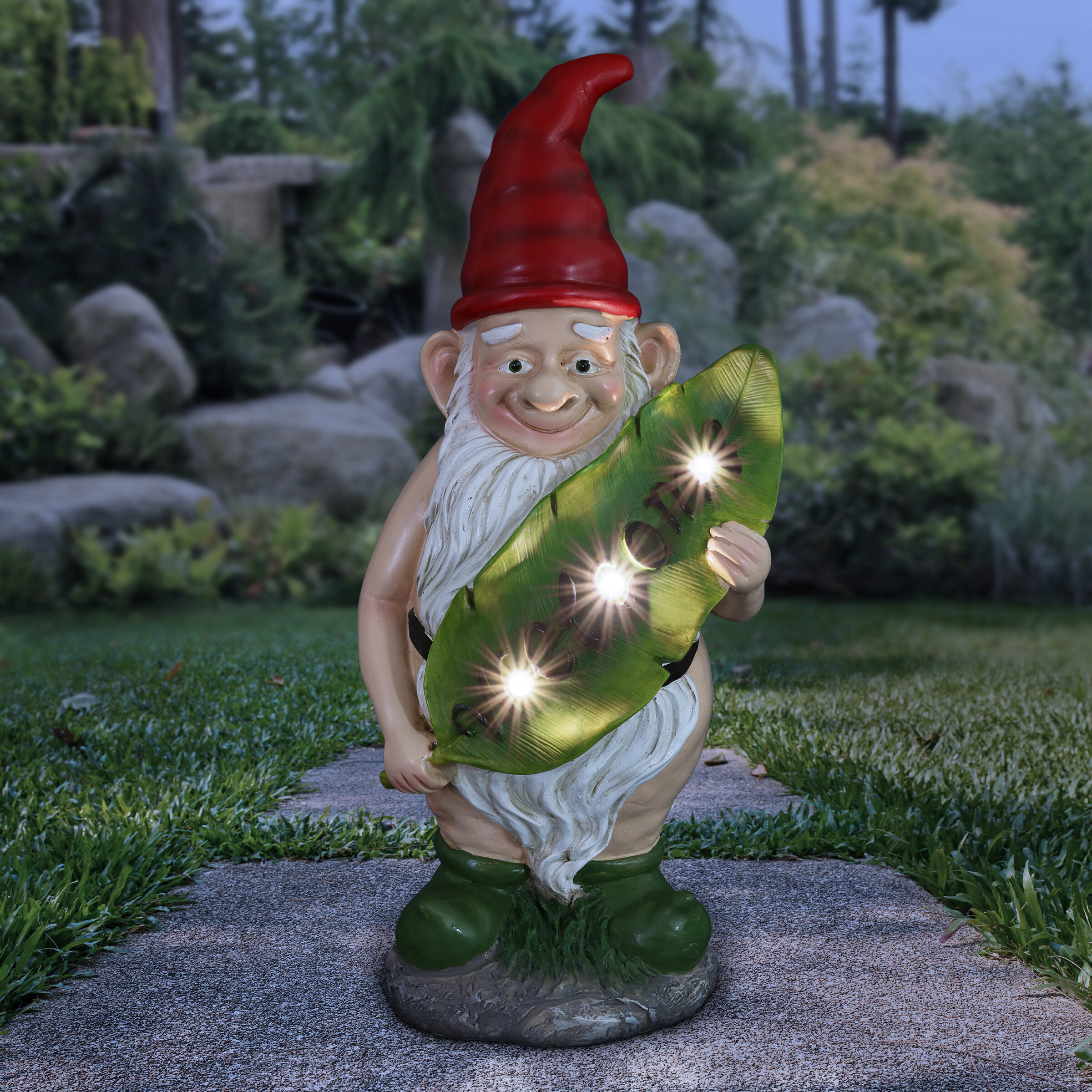 Exhart Good Time Naked Nolan Gnome Statue With Solar Welcome Leaf